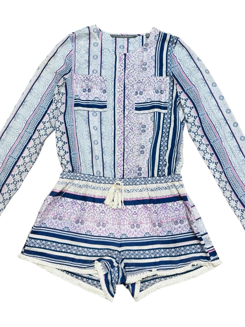 Twelfth Street Cynthia Vincent Cotton Silk Romper M Boho Blue Pink Tassel Fringe - Picture 5 of 16